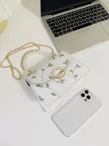 Mini Lace Embroidery Handbag for Women Elegant Chain Crossbody Bag Hanfu Clutch Purse with Faux Pearl Handle Argyle Princess Faux Pearl & Rhinestone Pearl Chain & Decor Mini Faux Pearl Decor Floral Embroidery Satchel Bag For Party, Wedding, Prom and Dinner, Lipsticks, Women's Pearl Bag - White - View 4