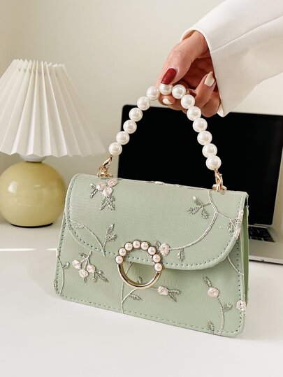 Mini Lace Embroidery Handbag For Women Elegant Chain Crossbody Bag Hanfu Clutch Purse With Faux Pearl Handle Argyle Princess Faux Pearl & Rhinestone Pearl Chain & Decor Mini Faux Pearl Decor Floral Embroidered Chain Bag For Party, Wedding, Prom And Dinner, Lipsticks, Women's Pearl Bag , Green