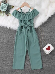 Toddler Girls Cold Shoulder Belted Jumpsuit Without Bag - Green - View 1