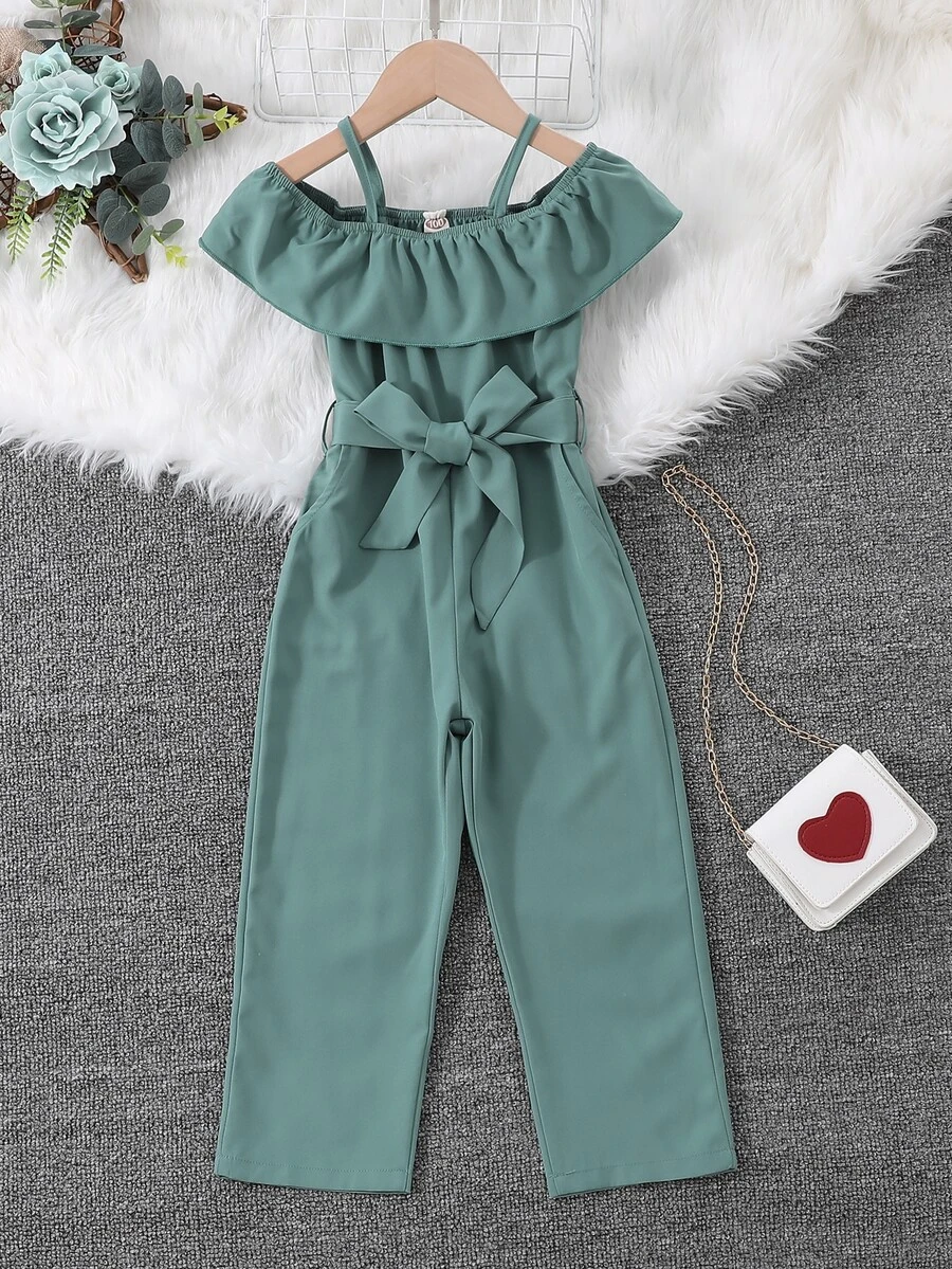 Toddler Girls Cold Shoulder Belted Jumpsuit Without Bag - Green - View 1