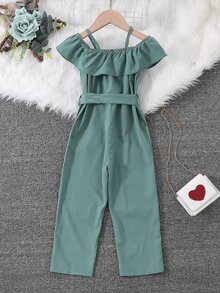 Toddler Girls Cold Shoulder Belted Jumpsuit Without Bag - Green - View 2