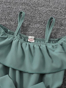 Toddler Girls Cold Shoulder Belted Jumpsuit Without Bag - Green - View 3