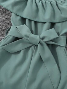 Toddler Girls Cold Shoulder Belted Jumpsuit Without Bag - Green - View 4