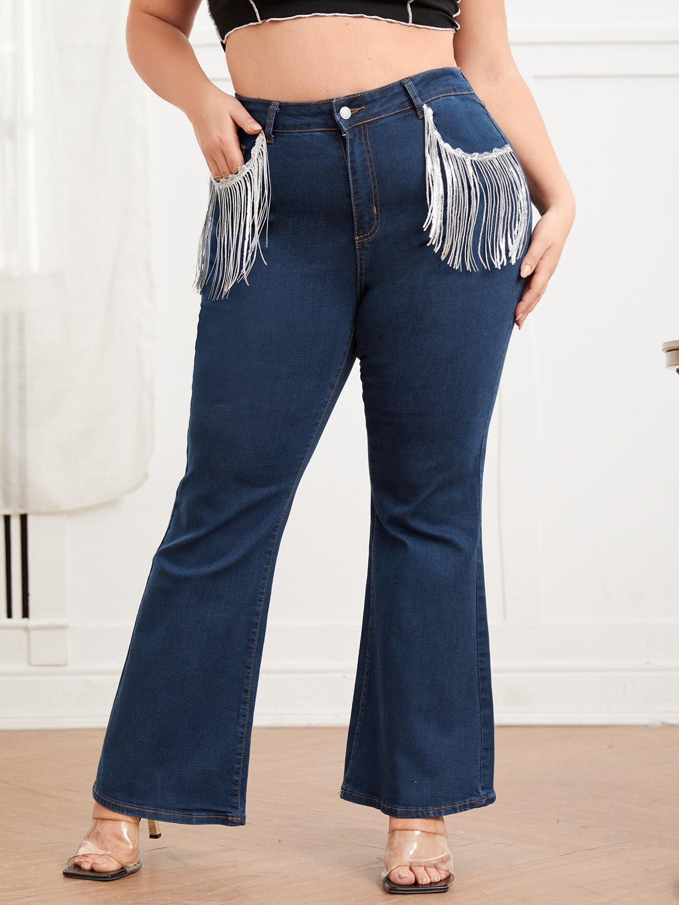 SHEIN Plus Fringe Trim Bootcut Jeans 
