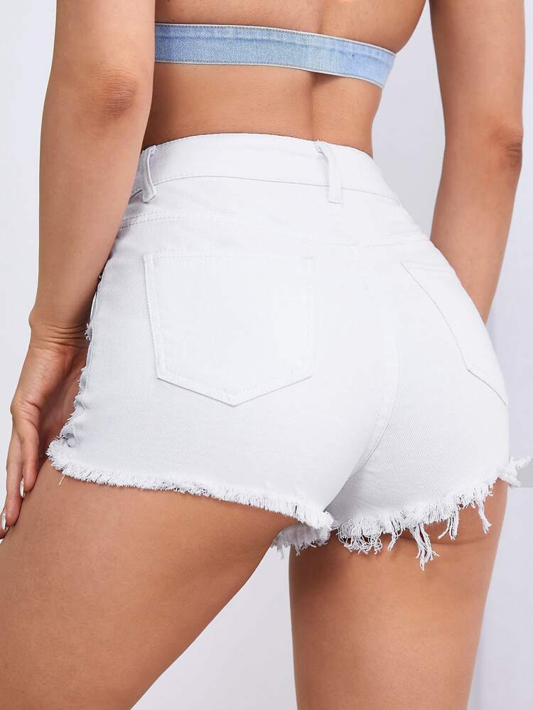 Ripped Raw Trim Straight Leg Denim Shorts