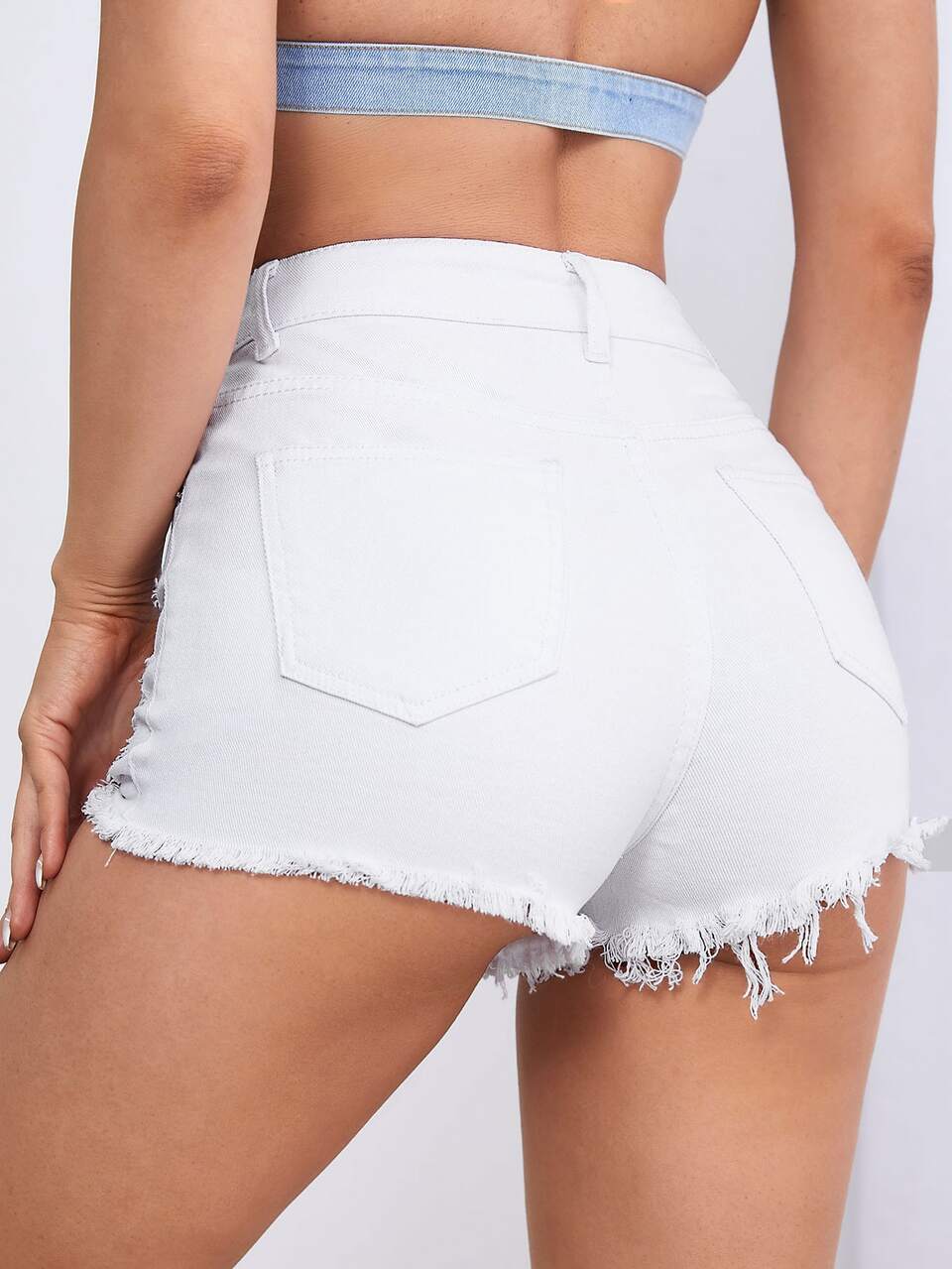 Ripped Raw Trim Straight Leg Denim Shorts