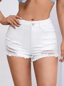SHEIN ICON Ripped Raw Trim Straight Leg Denim Shorts - White - View 4