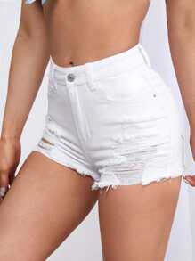 SHEIN ICON Ripped Raw Trim Straight Leg Denim Shorts - White - View 5