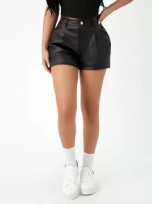 SHEIN PETITE Quần short thường ngày ôm vừa vặn màu trơn dành cho nữ, mùa xuân và mùa hè - màu đen - Xem 2