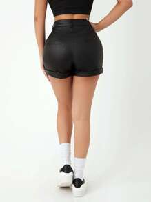 SHEIN PETITE Quần short thường ngày ôm vừa vặn màu trơn dành cho nữ, mùa xuân và mùa hè - màu đen - Xem 4