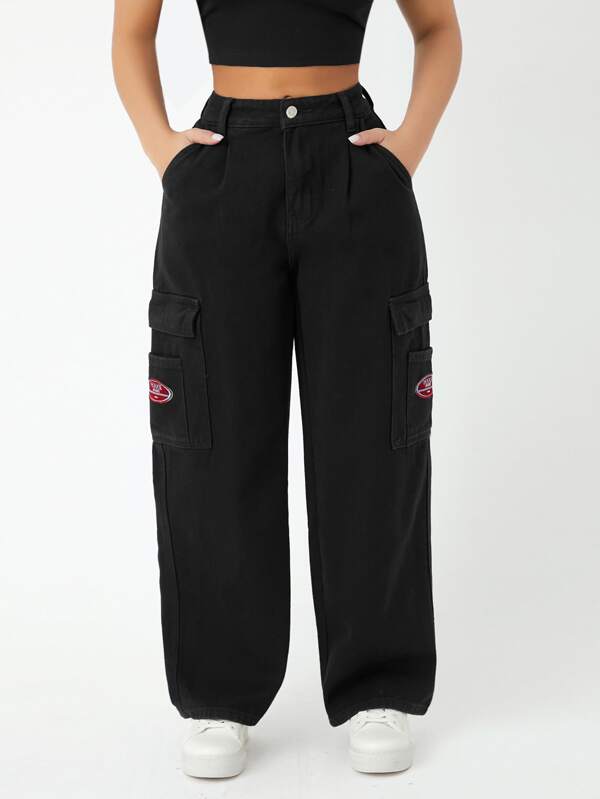 SHEIN PETITE Letter Patched Flap Pocket Cargo Jeans