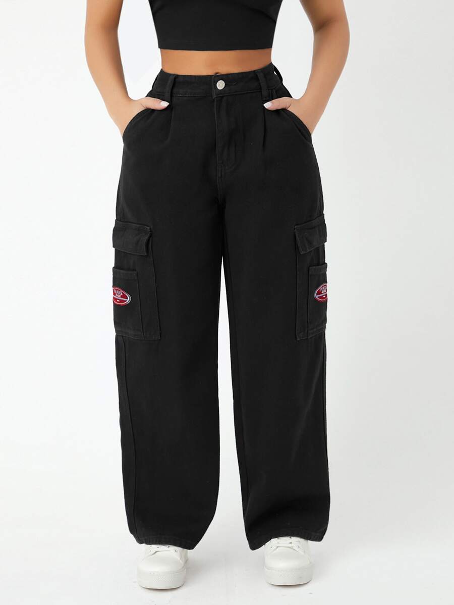 SHEIN PETITE Letter Patched Flap Pocket Cargo Jeans - Black - View 1