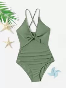 Teen Girls Plain Knot Front One Piece Swimsuit - Green - View 1