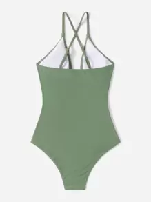 Teen Girls Plain Knot Front One Piece Swimsuit - Green - View 2