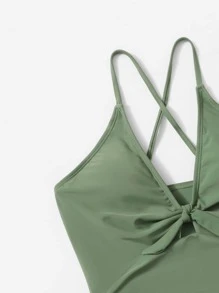 Teen Girls Plain Knot Front One Piece Swimsuit - Green - View 3