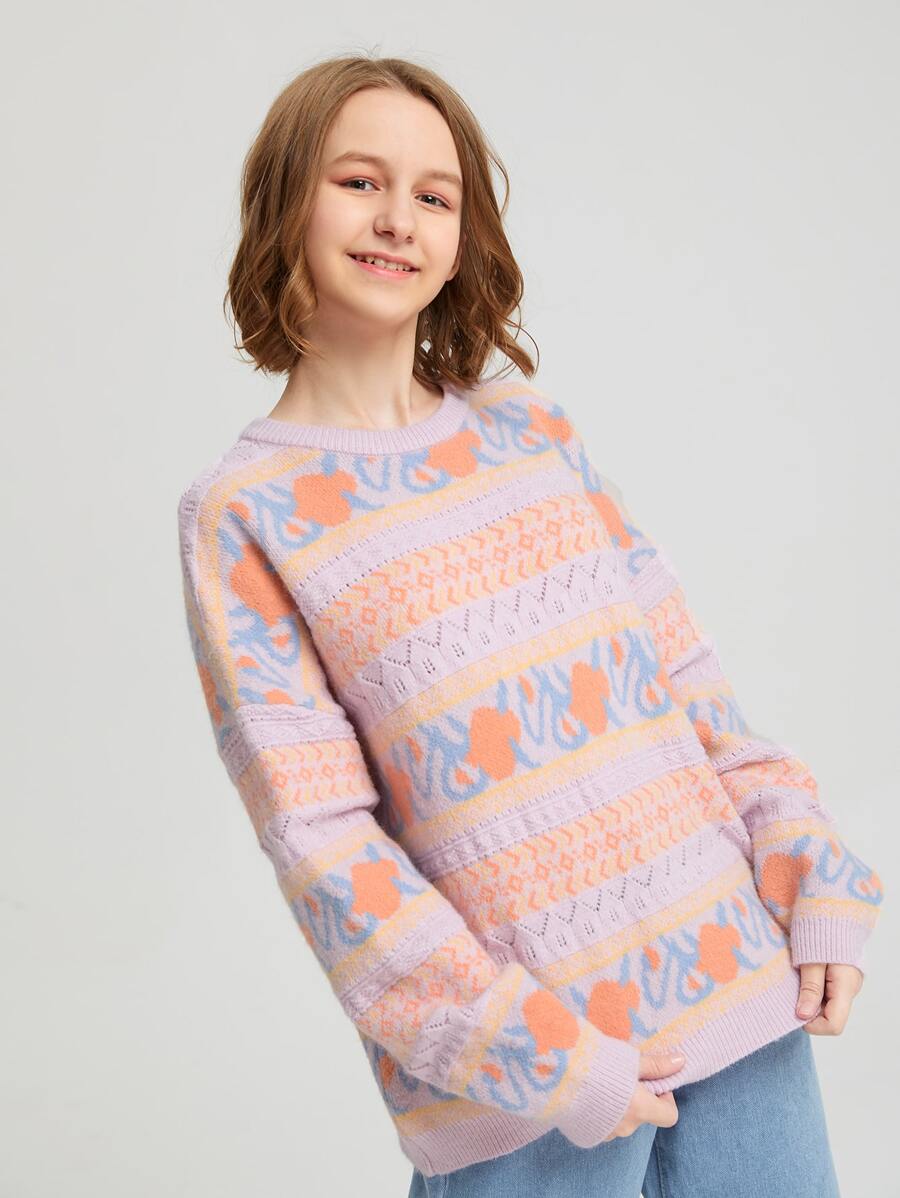 SHEIN Chica adolescente Jersey con patrón geométrico de hombros caídos