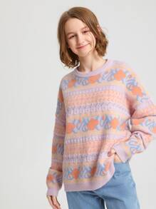 SHEIN Chica adolescente Jersey con patrón geométrico de hombros caídos