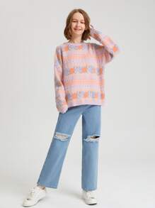 SHEIN Chica adolescente Jersey con patrón geométrico de hombros caídos