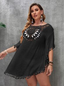 SHEIN Swim Curve Áo choàng tua rua cắt viền cỡ lớn mùa hè - màu đen - Xem 3