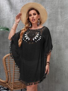 SHEIN Swim Curve Áo choàng tua rua cắt viền cỡ lớn mùa hè - màu đen - Xem 4