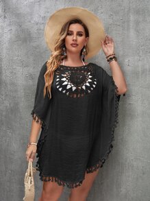 SHEIN Swim Curve Áo choàng tua rua cắt viền cỡ lớn mùa hè - màu đen - Xem 5