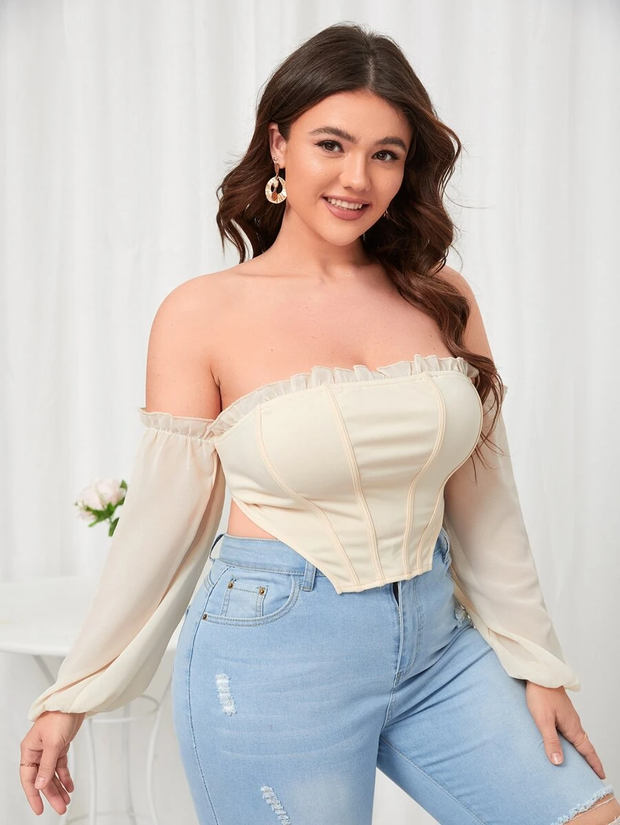 Top corto ribete fruncido de hombros descubiertos bajo asimétrico - Albaricoque - Ver 1