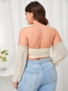 Top corto ribete fruncido de hombros descubiertos bajo asimétrico - Albaricoque - Ver 2