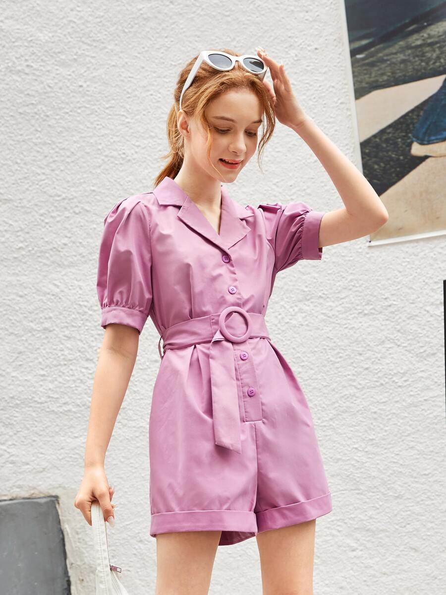 SHEIN Áo liền quần Gái Thắt lưng Nút phía trước màu trơn Ăn mặc đẹp - Màu Lilac Tím - Xem 1