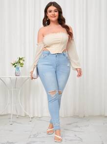 Top corto ribete fruncido de hombros descubiertos bajo asimétrico - Albaricoque - Ver 3