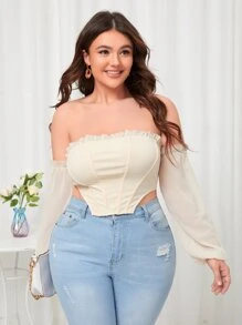 Top corto ribete fruncido de hombros descubiertos bajo asimétrico - Albaricoque - Ver 5