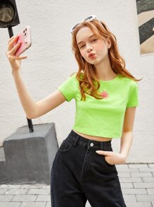 SHEIN 青少年女孩螢光綠太陽印花短款上衣 - 青檸色 - 查看 1