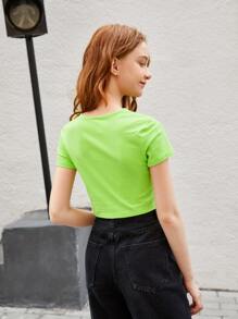 SHEIN 青少年女孩螢光綠太陽印花短款上衣 - 青檸色 - 查看 2