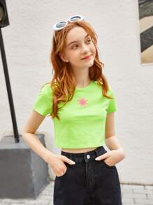 SHEIN 青少年女孩螢光綠太陽印花短款上衣 - 青檸色 - 查看 4