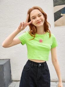 SHEIN 青少年女孩螢光綠太陽印花短款上衣 - 青檸色 - 查看 5