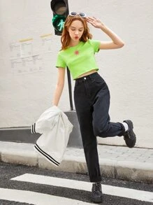 SHEIN 青少年女孩螢光綠太陽印花短款上衣 - 青檸色 - 查看 6