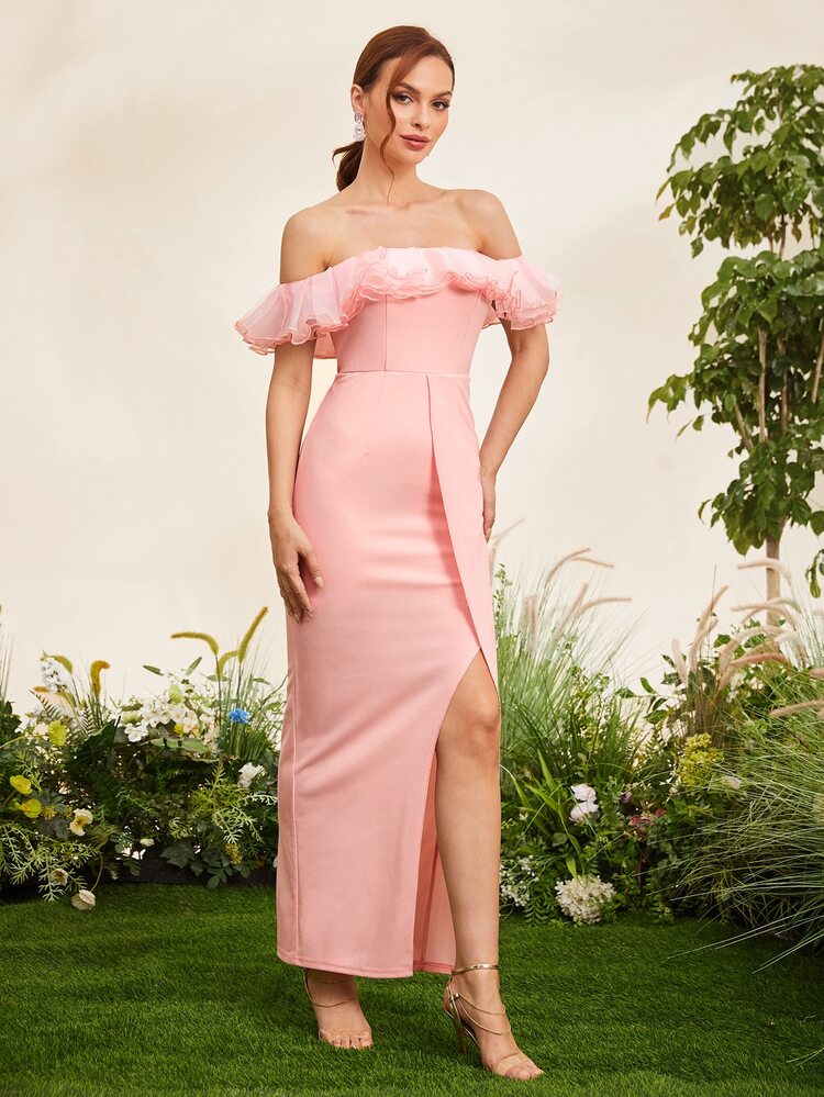 SHEIN Belle Ruffle Trim Off Shoulder Split Hem Dress - Baby Pink - View 4