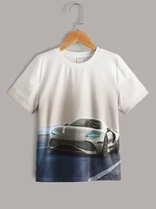 SHEIN Leap Crew Tween Boys' Casual Classic Fit Round Neck Short Sleeve Car Print T-Shirt, Summer - Multicolor - View 1