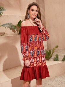 SHEIN Đầm viền lá sen Viên lá sen Dải chun Paisley Boho - Nhiều màu - Xem 1
