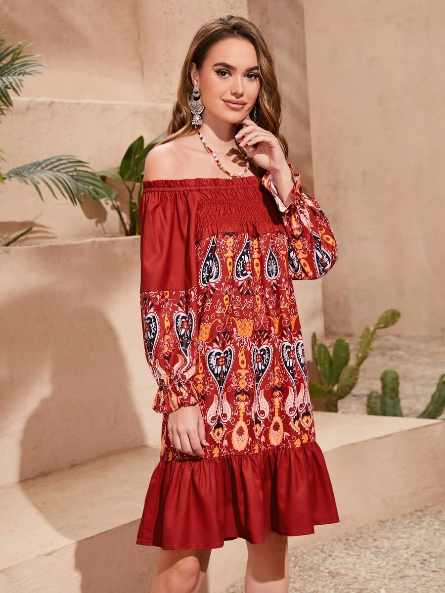 SHEIN Đầm viền lá sen Viên lá sen Dải chun Paisley Boho - Nhiều màu - Xem 1