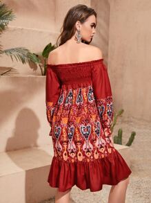 SHEIN Đầm viền lá sen Viên lá sen Dải chun Paisley Boho - Nhiều màu - Xem 2