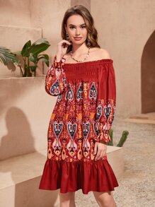 SHEIN Đầm viền lá sen Viên lá sen Dải chun Paisley Boho - Nhiều màu - Xem 4