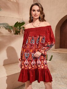 SHEIN Đầm viền lá sen Viên lá sen Dải chun Paisley Boho - Nhiều màu - Xem 5