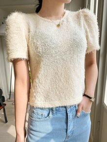 DAZY 泡泡袖素色毛茸茸上衣 - 米色 - 查看 4