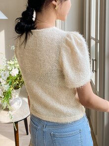 DAZY 泡泡袖素色毛茸茸上衣 - 米色 - 查看 2