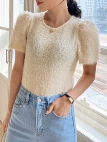 DAZY 泡泡袖素色毛茸茸上衣 - 米色 - 查看 5