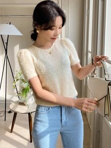 DAZY 泡泡袖素色毛茸茸上衣 - 米色 - 查看 3