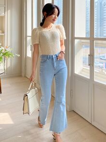 DAZY 泡泡袖素色毛茸茸上衣 - 米色 - 查看 6