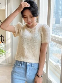 DAZY 泡泡袖素色毛茸茸上衣 - 米色 - 查看 8