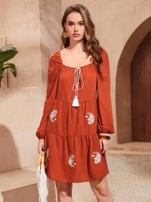 SHEIN Tie Front Floral Embroidery Ruffle Hem Dress - Burnt Orange - View 1