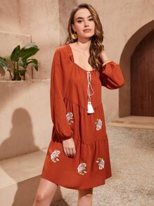 SHEIN Tie Front Floral Embroidery Ruffle Hem Dress - Burnt Orange - View 3